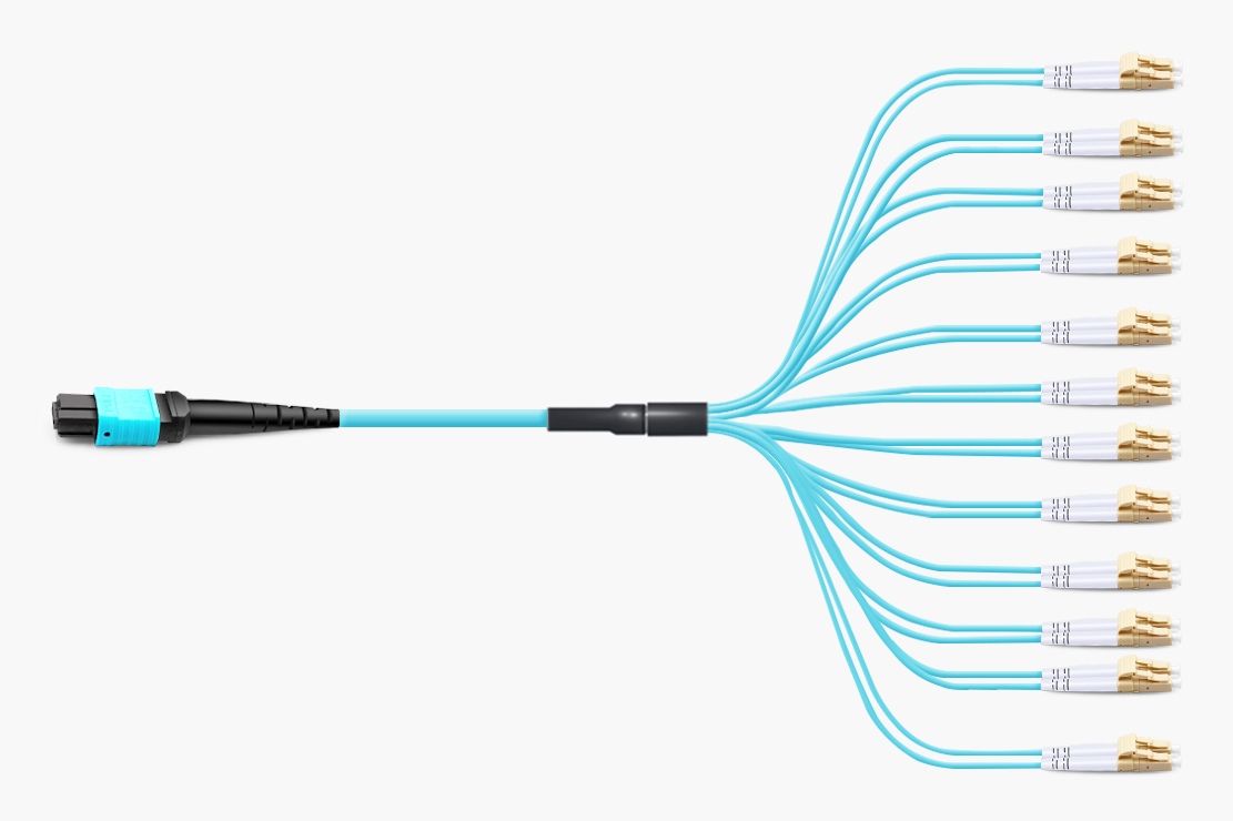 FiberJP: 3m MPO-4LC OM3マルチモード（タイプB、水色） | MPO-LC 