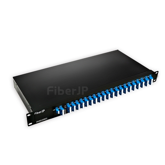 40チャンネル C21-C60 デュアルファイバ　AAWG DWDM波長合分波モジュール（Mux/Demux、FMU1Uラックマウント、40G/100G LR4用1310nmポート & モニターポート付き、LC/UPC）の画像